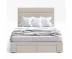 Four Storage Drawers Bed Frame with Horizontal Panel Bed Head in King, Queen and Double Size (Beige Fabric)