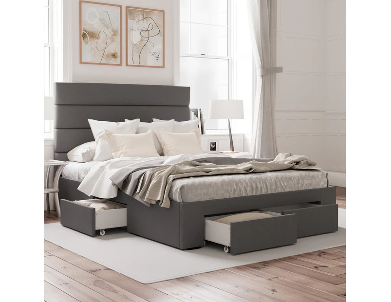 Four Storage Drawers Bed Frame with Horizontal Panel Bed Head in King, Queen and Double Size (Charcoal Fabric)