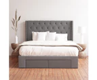 Four Storage Drawers Bed Frame with Diamond Tufted Bed Head with Wings in King, Queen and Double Size (Charcoal Fabric)
