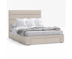 Four Storage Drawers Bed Frame with Horizontal Panel Bed Head in King, Queen and Double Size (Beige Fabric)