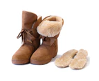 UGG Boots Women Lace-up 9"+ Australian shearing Sheepskins Replacable Insole, Rubber Grip-sole 5Colors Size W5-10 - Chestnut