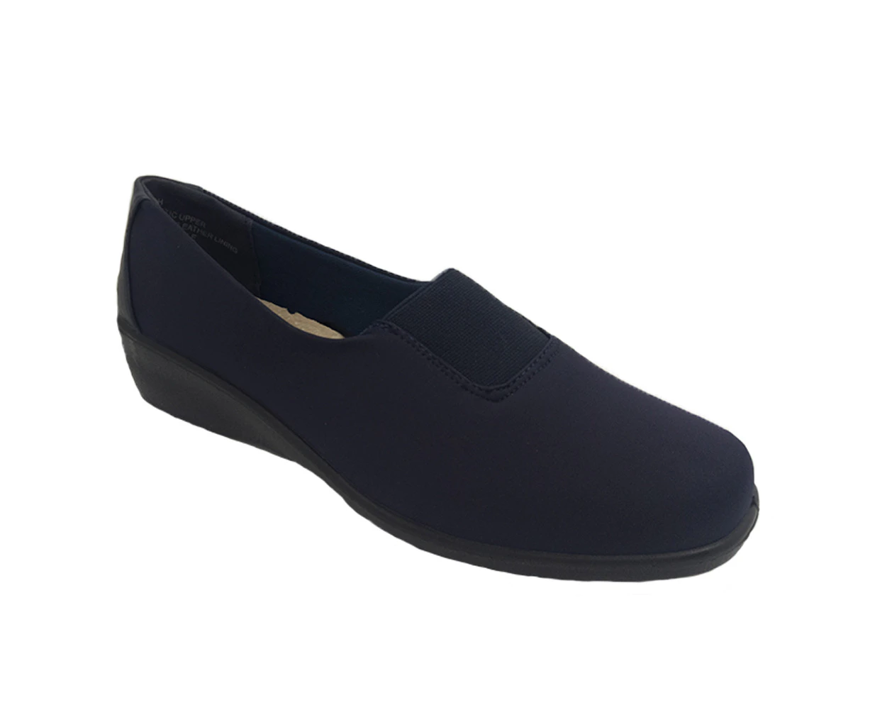 Bellissimo Norah Ladies Shoes Slip On Elastic Fabric Lightweight Low Wedge Sole - Navy