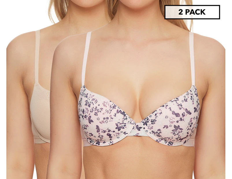 French Connection Women's Lace Trim T-Shirt Bra 2-Pack - Ditsy Print/Moonlight