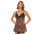 Just Sexy Women's 2-Piece Satin Bow Mesh Babydoll Set - Leopard