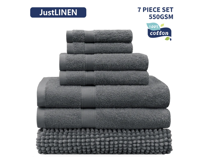 JustLINEN-luxe 7-Piece Bath Towel and Chenille Bath Mat Set - Charcoal