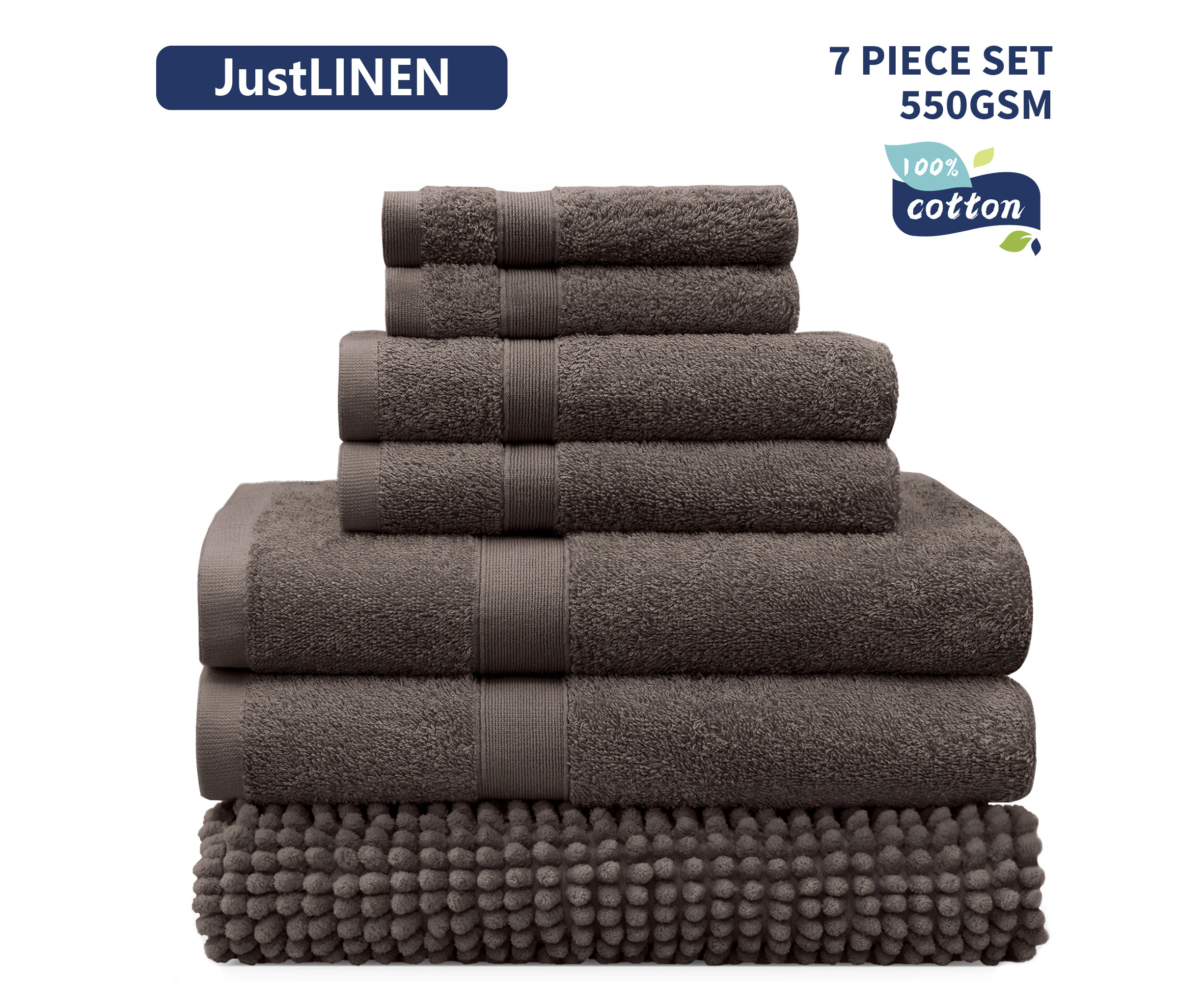 JustLINEN-luxe 7-Piece Bath Towel and Chenille Bath Mat Set - Chocolate Brown