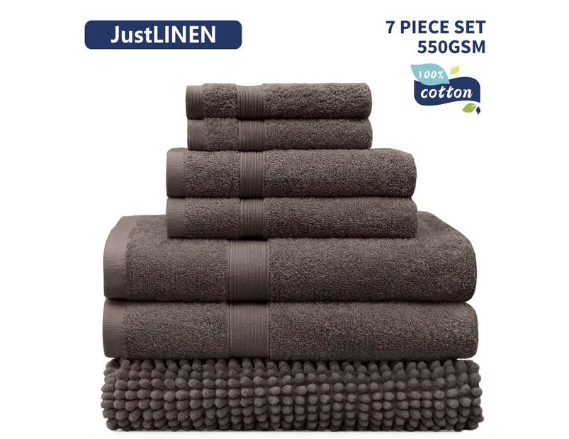JustLINEN-luxe 7-Piece Bath Towel and Chenille Bath Mat Set - Chocolate Brown