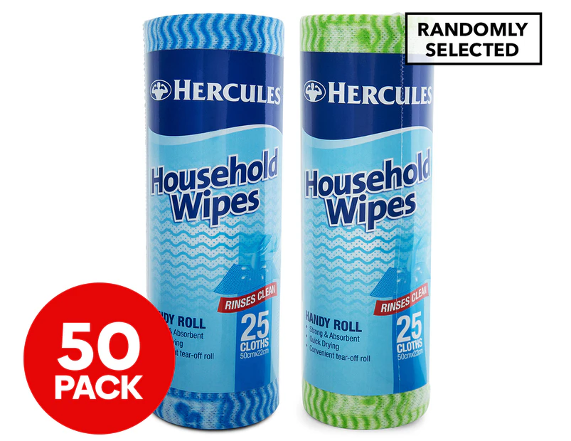 2 x 25pk Hercules Household Wipes Handy Roll - Randomly Selected