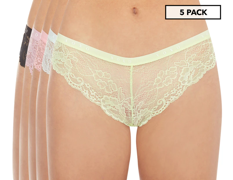 XOXO Women's Lace Tanga Logo Band Underwear 5-Pack - Fiji Blossom Multi