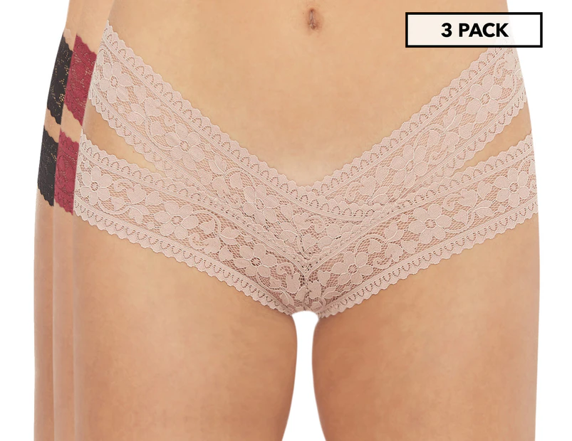 French Affair Women's Lace Mesh Cheeky Underwear 3-Pack - Rumba  Red/Black/Nude