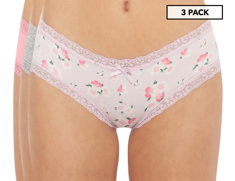 Undies.com Women's Cotton Lace Waist Cheeky Panties, 3 Pack