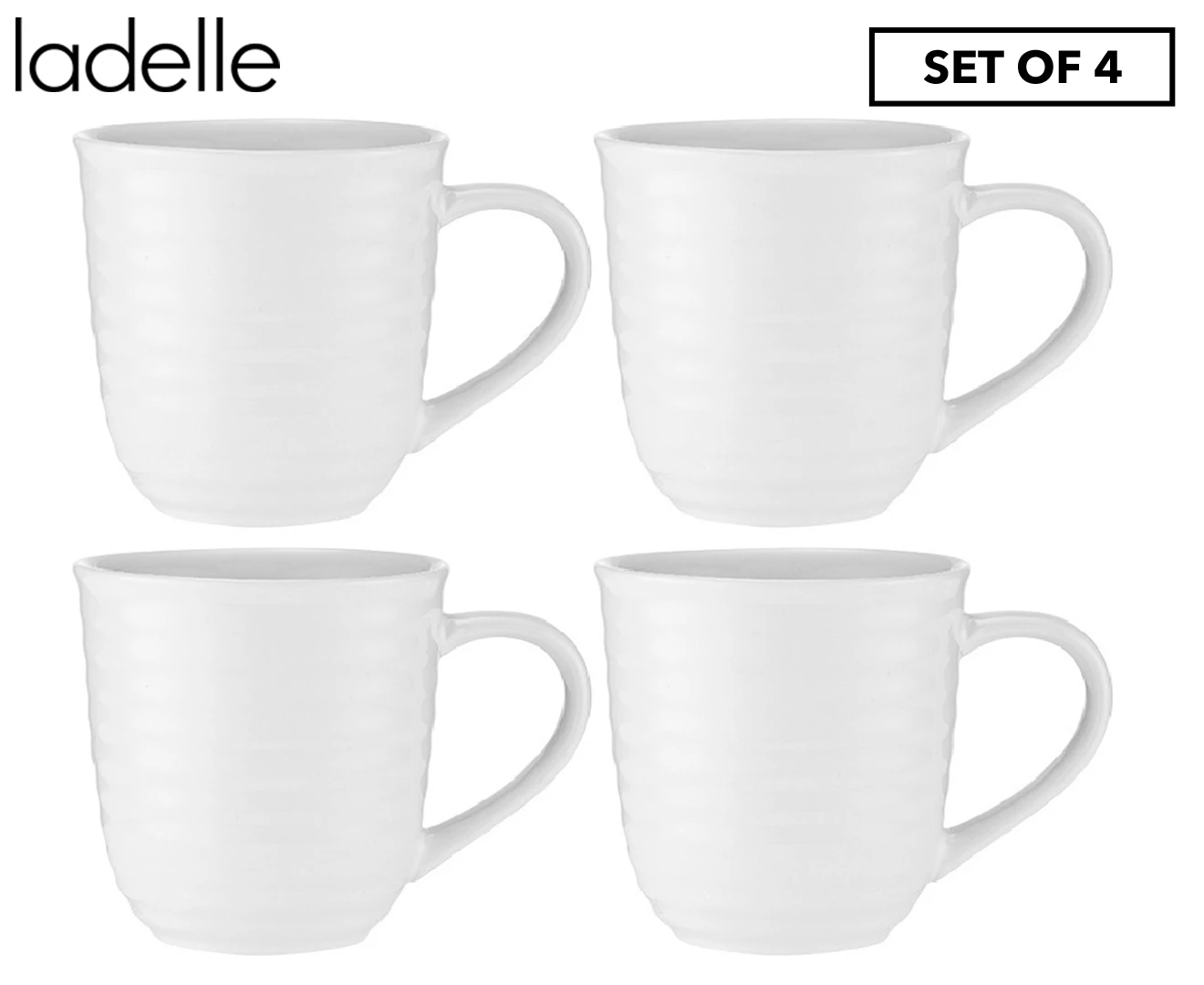 4pc Ladelle 13x9.8cm Homestead Ridged White Stoneware Drinking Mug Water Cup Set