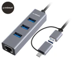 mbeat 20cm 3-Port USB 3.0 Hub & Gigabit Ethernet Adapter w/ USB-C Converter - Silver