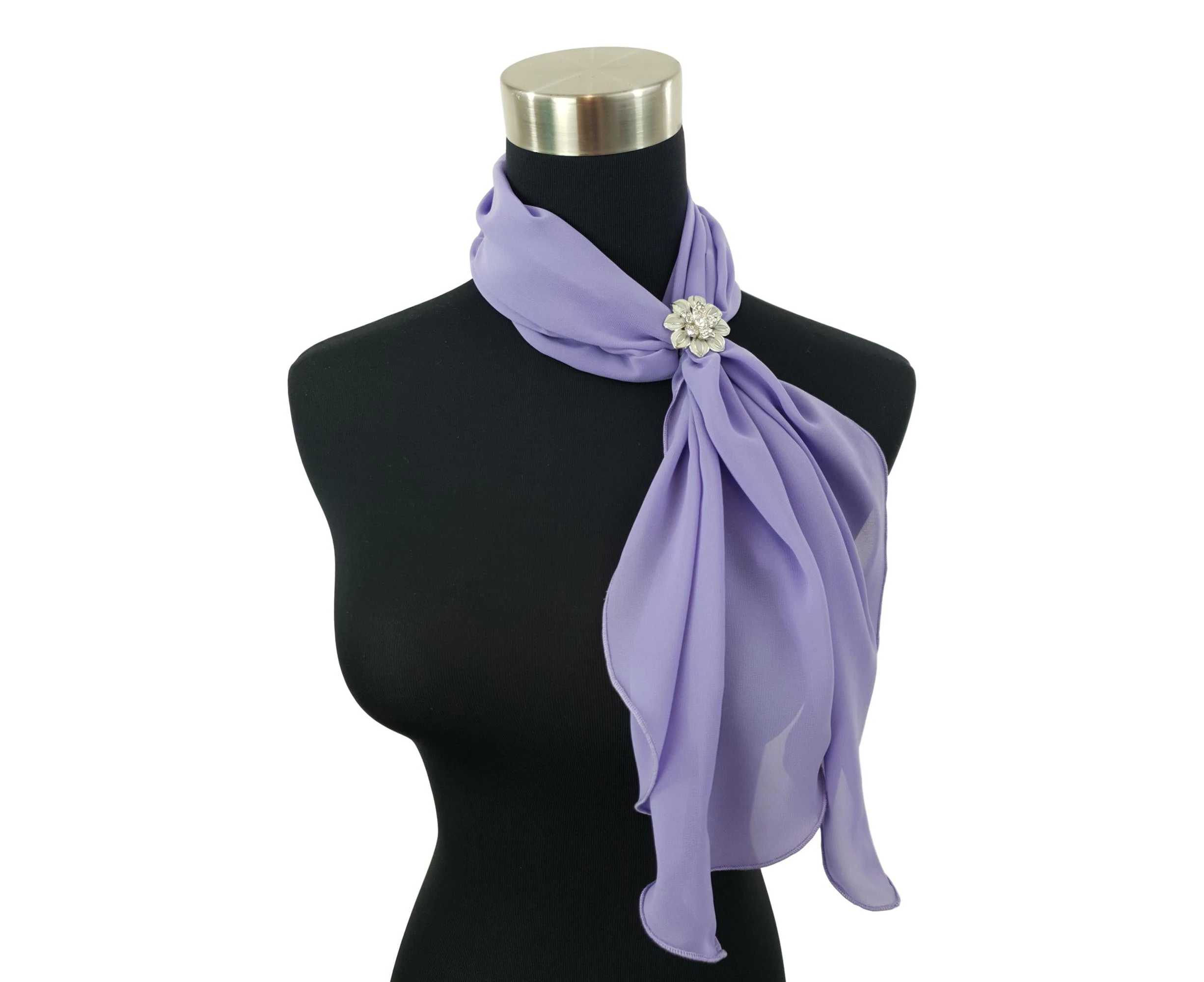 eXcaped Women’s Chiffon Neck Scarf and Silver Flower Scarf Ring Set - Lilac