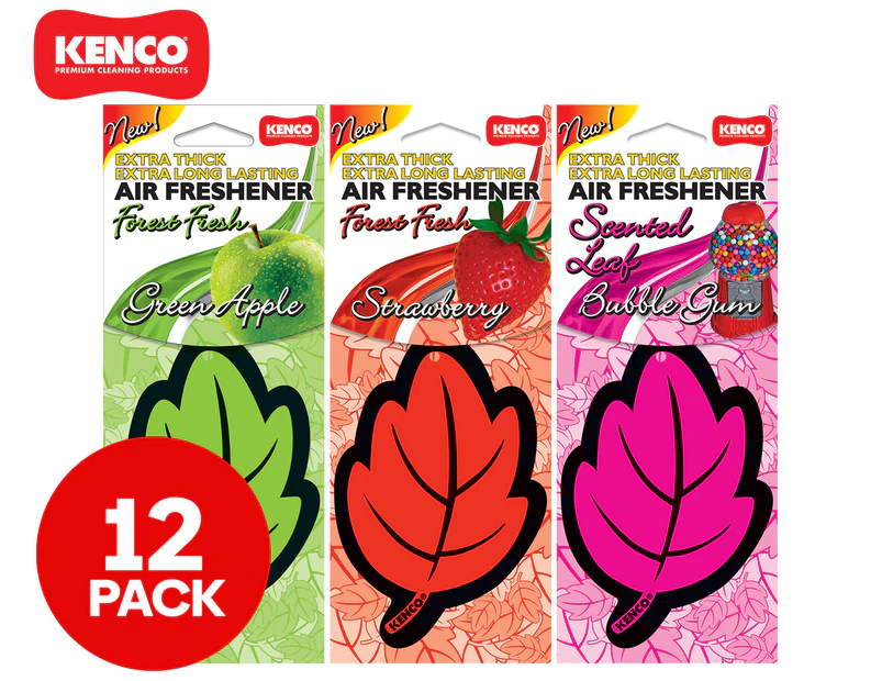 Kenco Leaf Fashion Fresh Car Air Freshener 12-Pack - Apple, Strawberry & Bubblegum