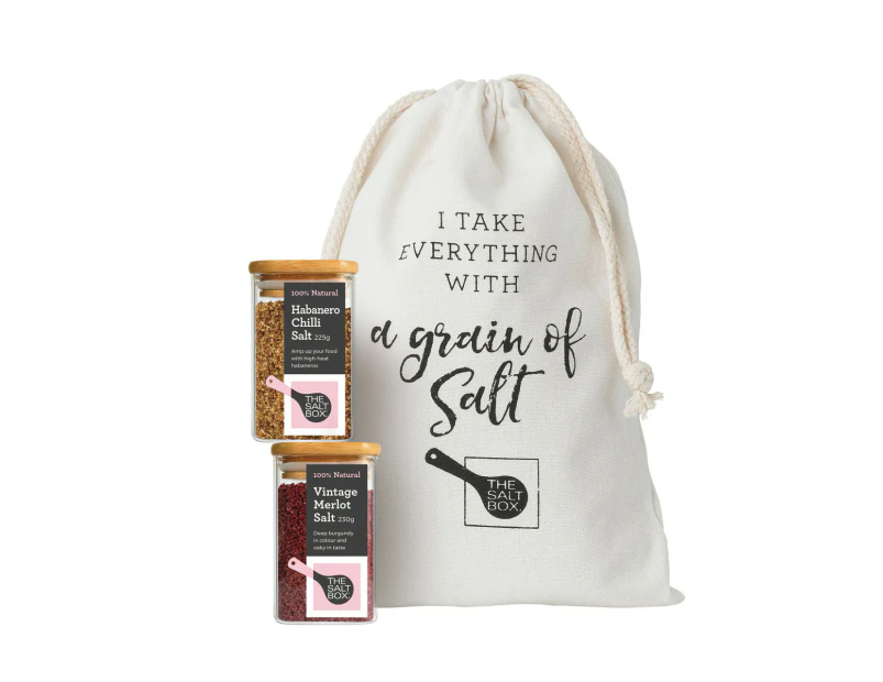 The Salt Box Gourmet Salt Gift Set - Pick & Mix 2 Jars - Vintage Merlot Jar 230g, Thai Sriracha Salt Jar  175g