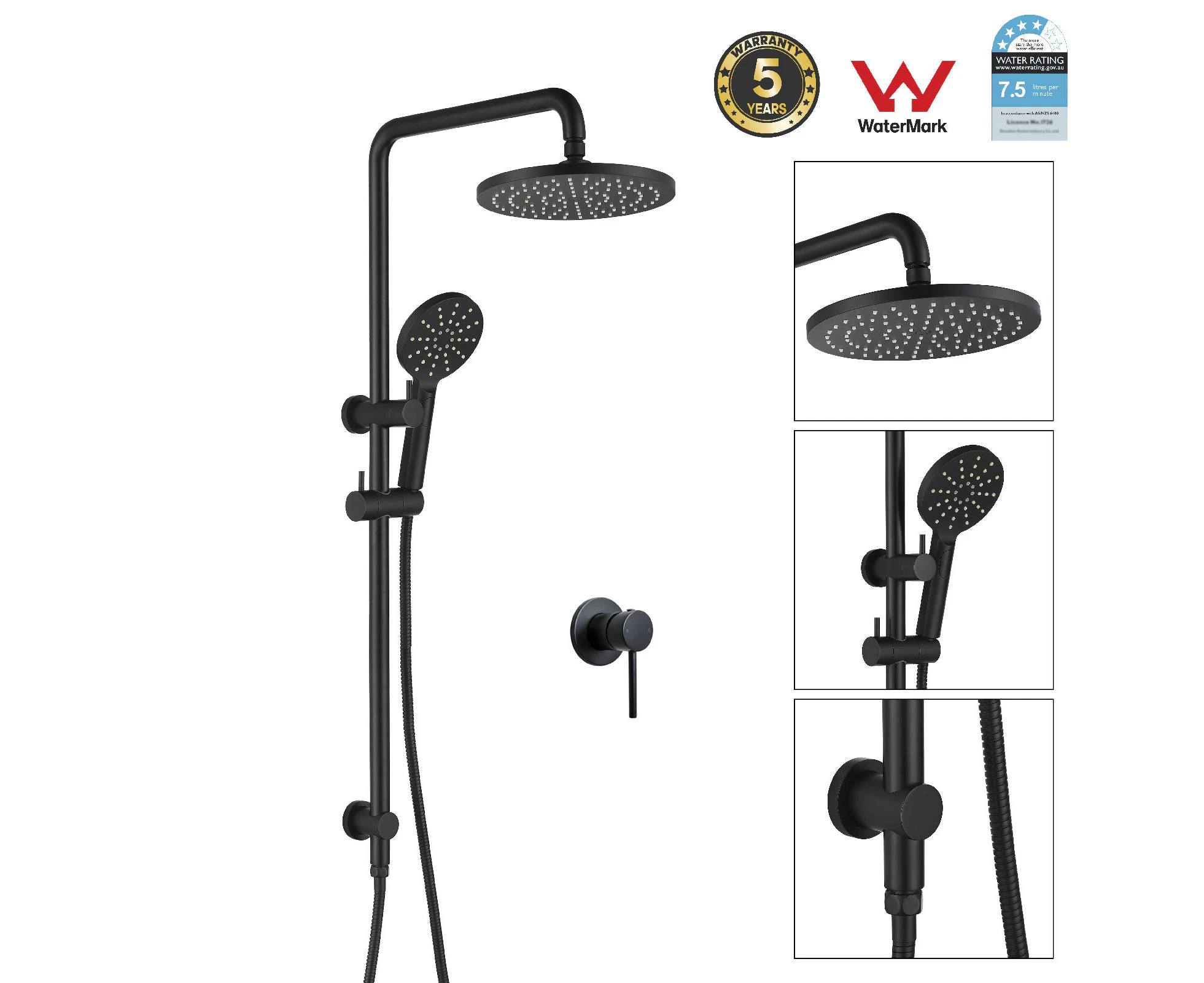 WELS Black Shower Set Wall Arm Rail 9" Rain Head with Shower Mixer