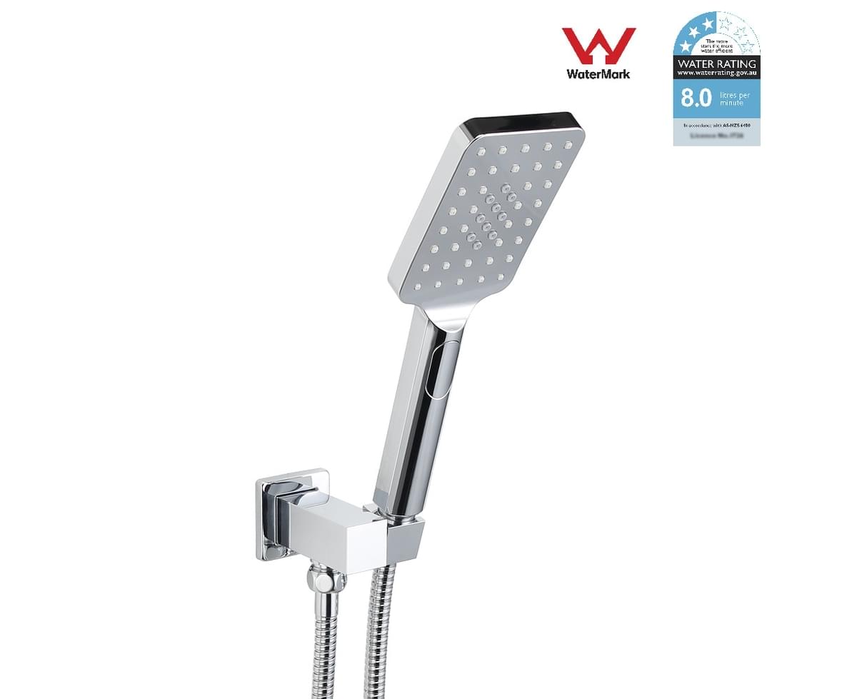 WELS 1/3/5 Function Hand Shower Head Square Wall Swivel Holder Hose Elbow Set 