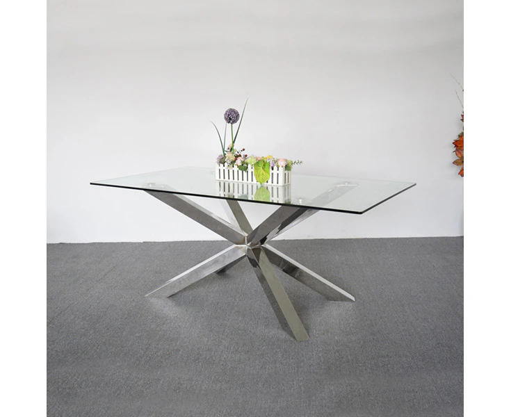 Dining Table in Crisscross Shaped High Glossy Stainless Steel Base with 12mm Tempered Glass Top