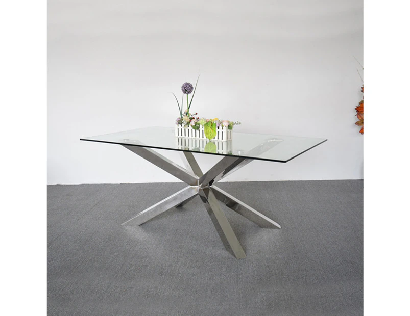 Dining Table in Crisscross Shaped High Glossy Stainless Steel Base with 12mm Tempered Glass Top