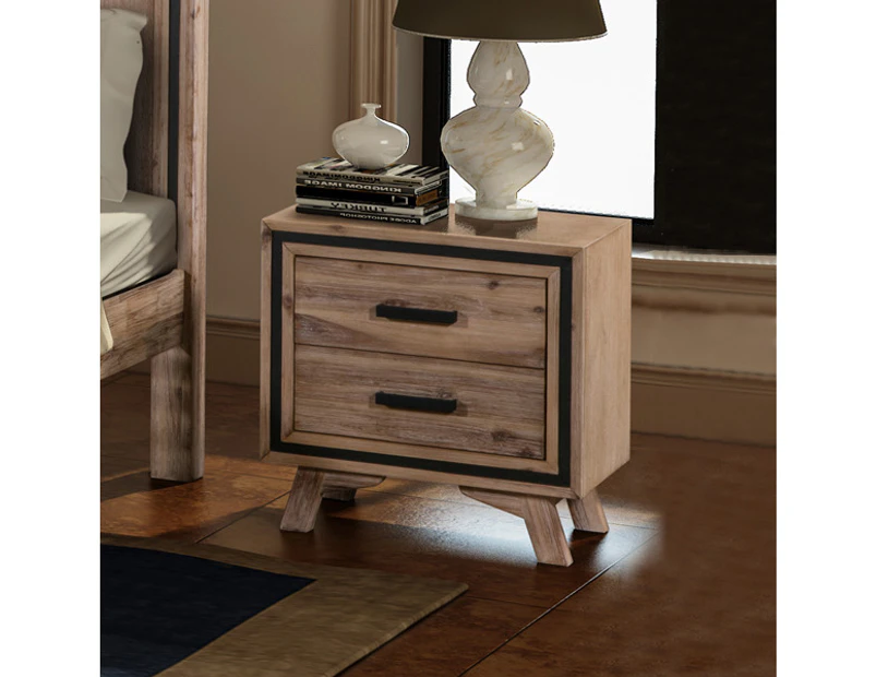 Bedside Table 2 drawer Side Table Night Stand with Solid Acacia Storage in Sliver Brush Colour