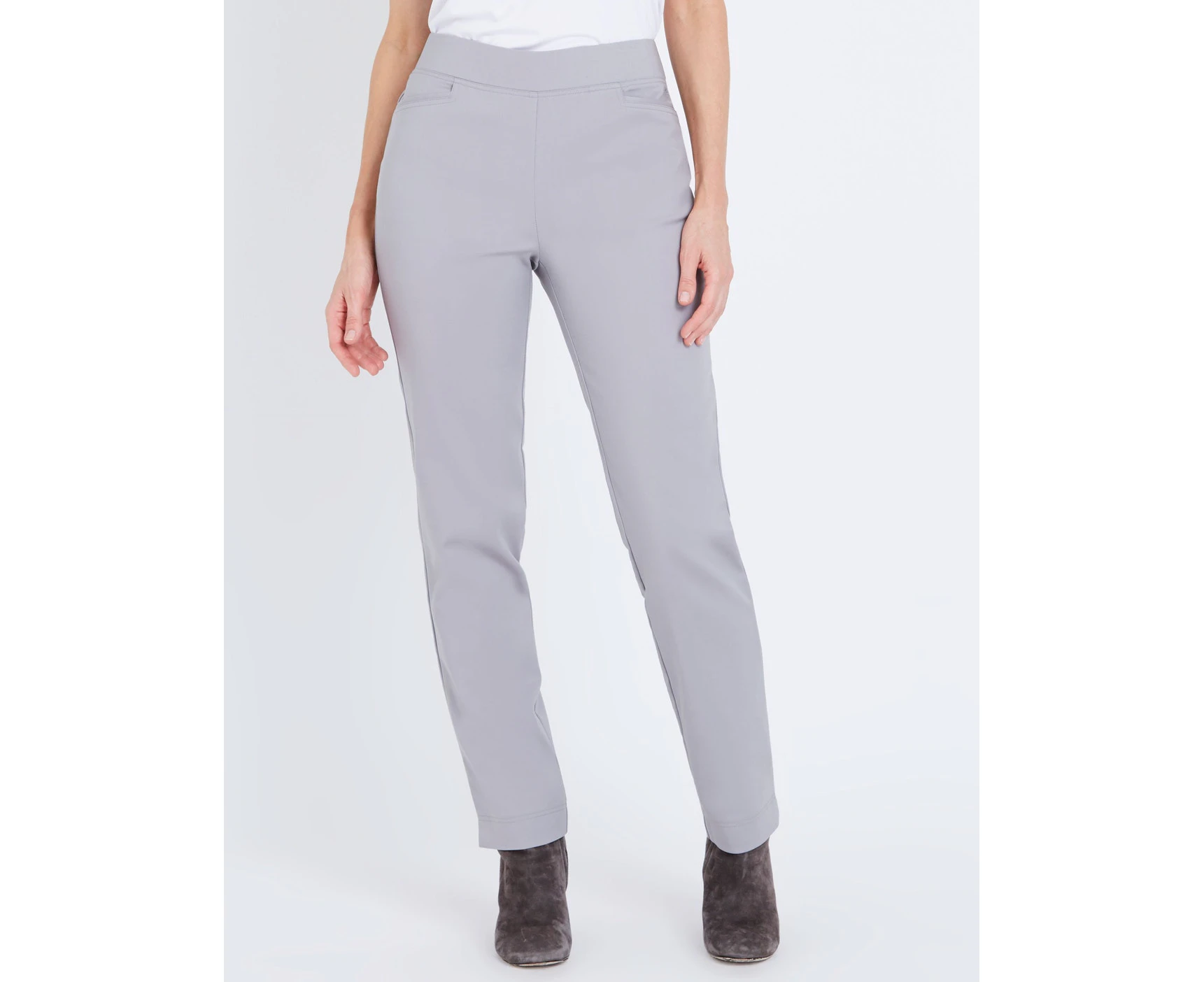 W Lane - Womens Pants - Silver Ankle Length - Slim Leg Cotton - Fashion Trousers - High Waist - Elastane - Smart Casual - Work Clothes - Office Wear