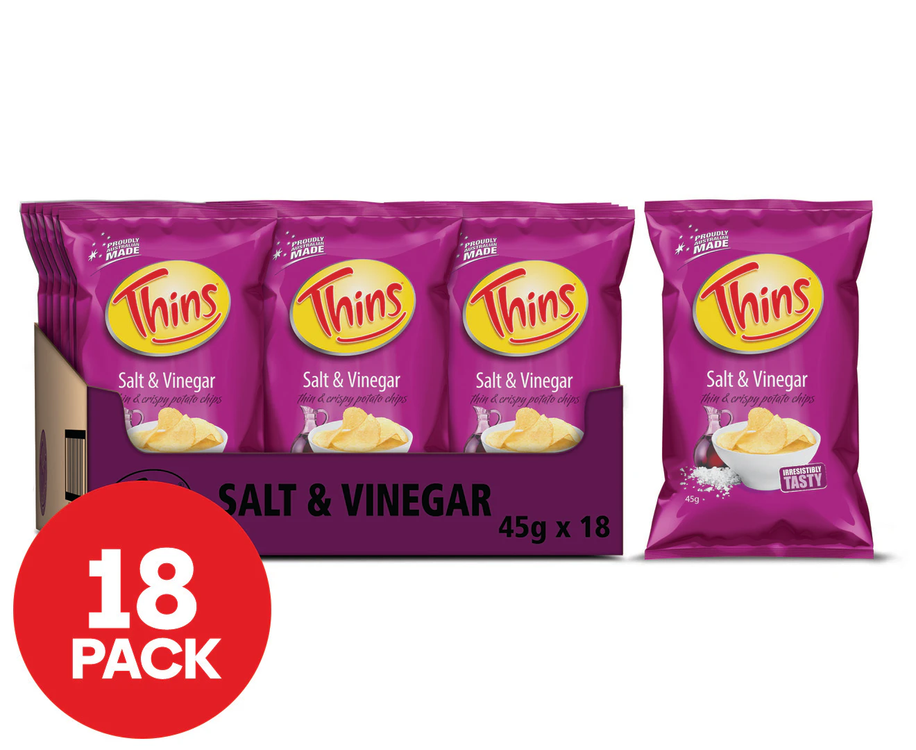 18 x Thins Potato Chips Salt & Vinegar 45g