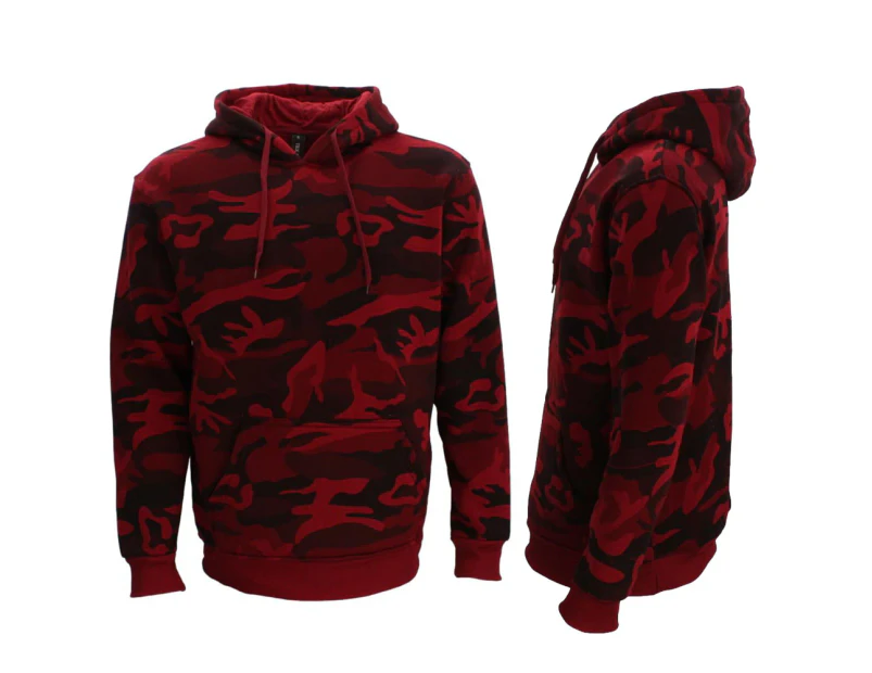 FIL Adult Men's Camo Pullover Hoodie Fleeced Camouflage Military Print Jacket - Red Camo