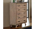 Tallboy with 5 Storage Drawers Solid Acacia Wooden Frame in Silver Brush Colour