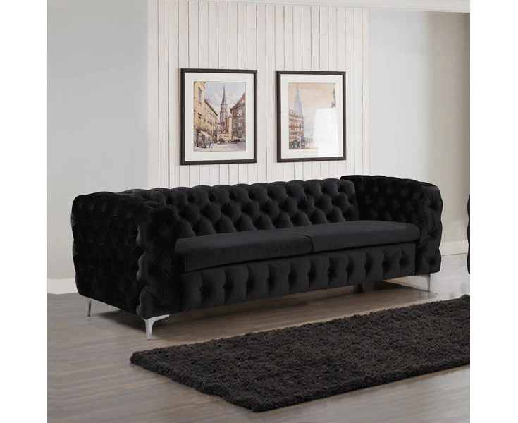 3 Seater Sofa Classic Button Tufted Lounge in Black Velvet Fabric with Metal Legs