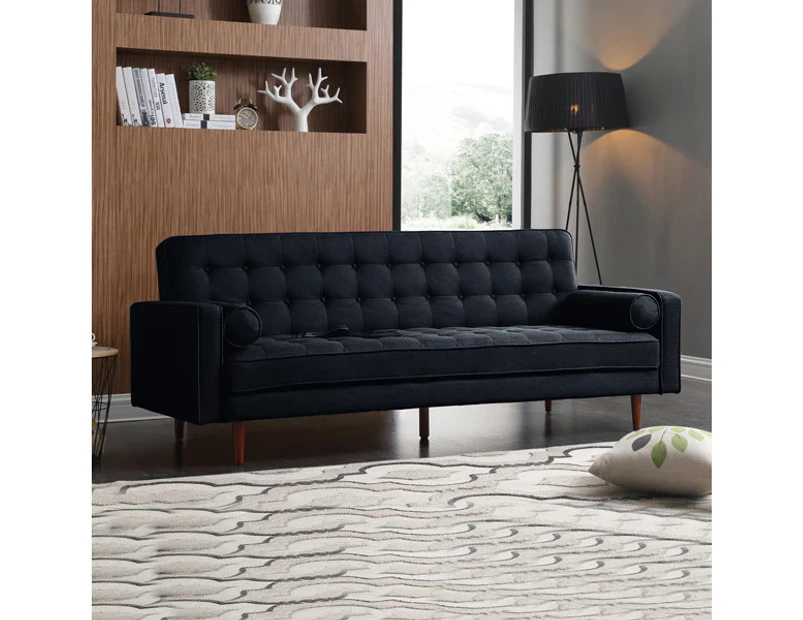 Sofa Bed 3 Seater Button Tufted Lounge Set for Living Room Couch in Velvet Black Colour