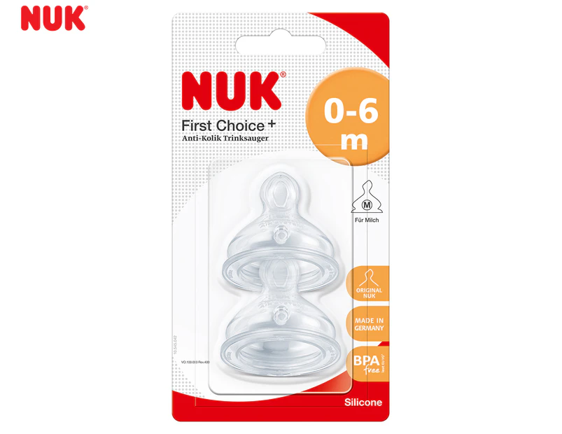 NUK 0-6 Months First Choice+ Medium Flow Silicone Teat 2-Pack