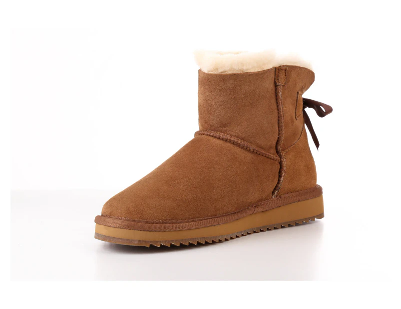 UGG Boots Back Bow Ankle Premium Australian Shearling Sheepskin 3Colors Grip Sole - Chestnut