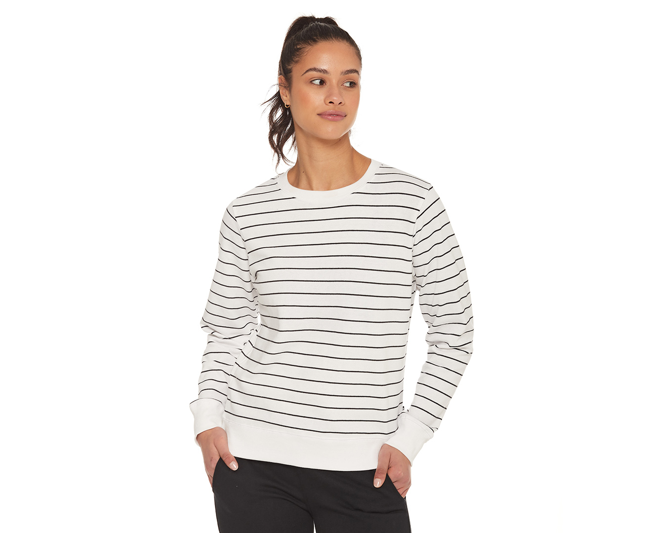 Bonds Women s Essentials Terry Stripe Pullover White Black