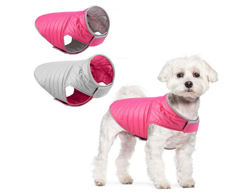 Reflective Reversible Dog Winter Coat Jacket with Harness/Leash Hole-L-Rose red &Silver