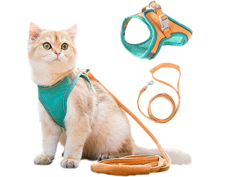 Pet Harness and Leash Set with Reflective Strip for Cats Small Dogs-M-Green&orange