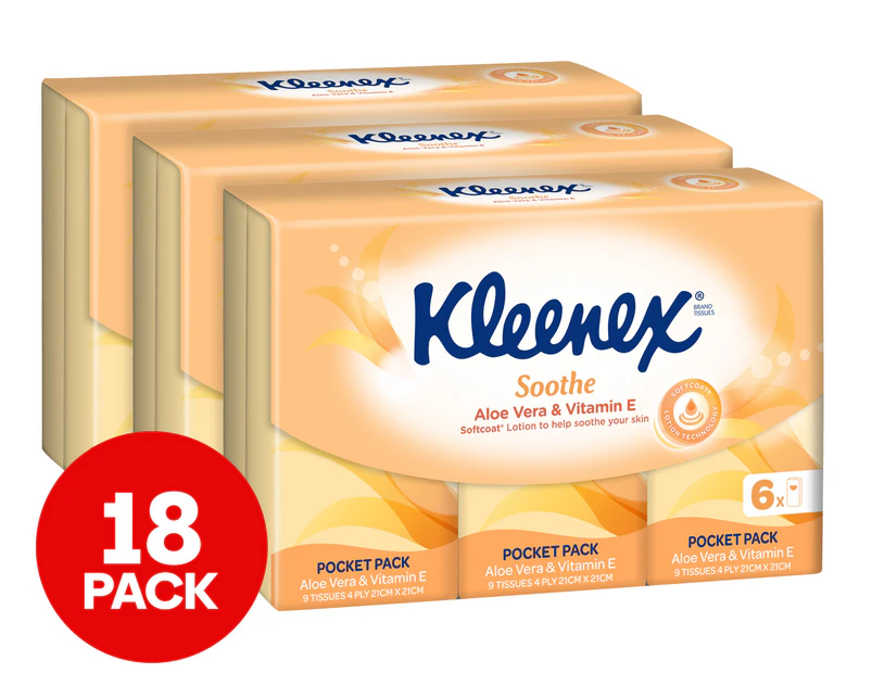 3 x Kleenex Soothe Aloe Vera & Vitamin E Pocket Facial Tissues 6pk
