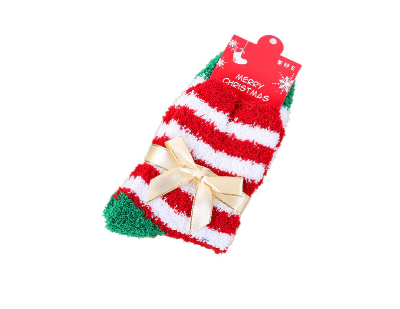 Soft Fluffy Socks Winter Xmas Christmas Cute Calf Socks - Red & White Striped