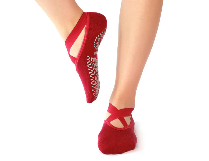 Yoga Non-Slip Grip Cross Straps Socks Ballet Barre Dance Socks - Red