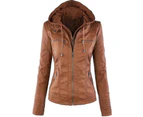 MasBekTe Women's PU-Leather Jacket Biker Double-Layer Hooded Outwear Top - Brown