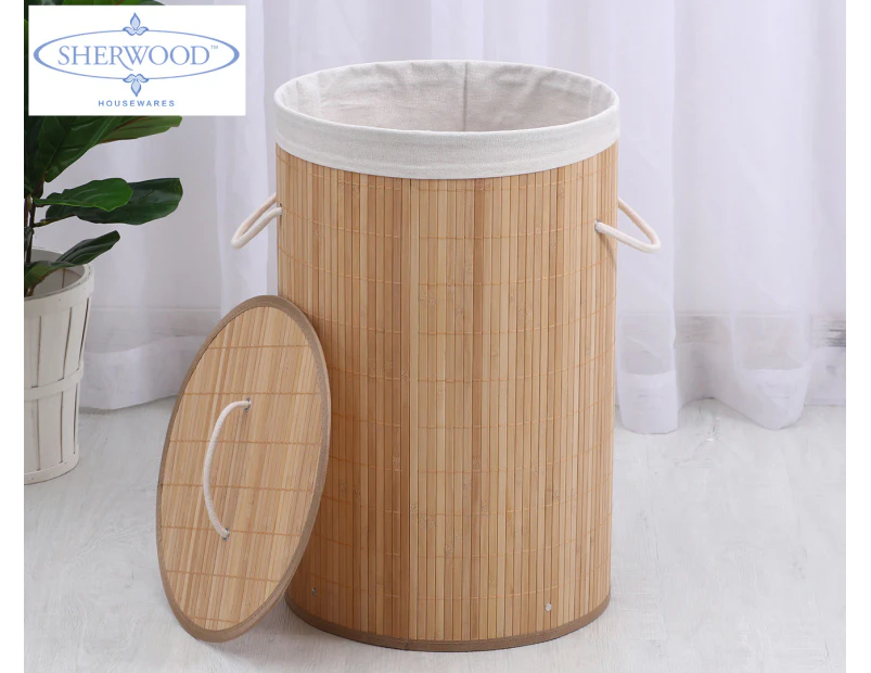 Sherwood Round Bamboo Laundry Hamper w/ Cover - Natural