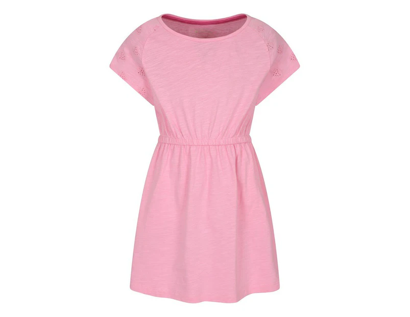 Mountain Warehouse Girls Meadow Broderie Dress Cotton Elastic Soft Summer Jersey - Pink