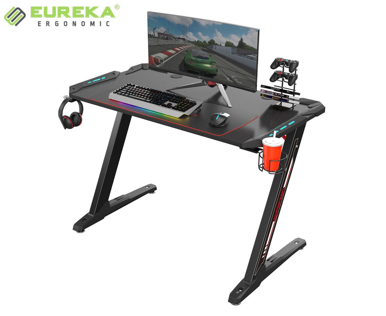 Eureka Ergonomic Z1S PC Gaming Office Desk with RGB Lights, Retractable Cup Holder & Headset Hook, Black