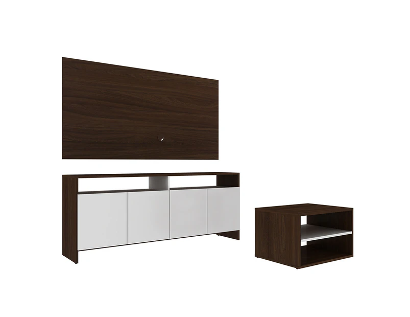 Living Room Set Stand in MDP 15mm, Nut-Brown/White Tv Stand 55.5 x 135 x 29.4cm + Panel 70 x 135 x 3cm + Central Table 32.9 x 53.5 x 38cm