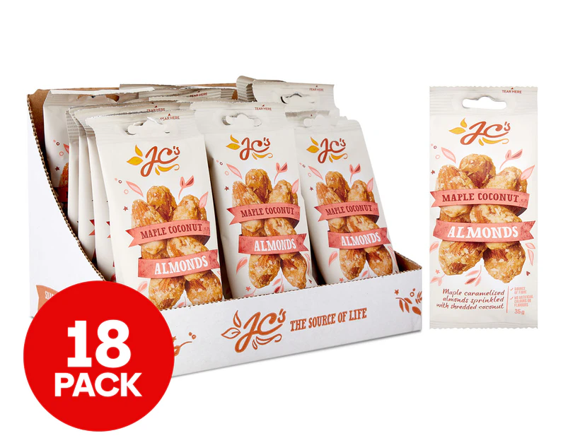 18 x J.C's Quality Foods Almonds Snack Pack Maple Coconut 35g