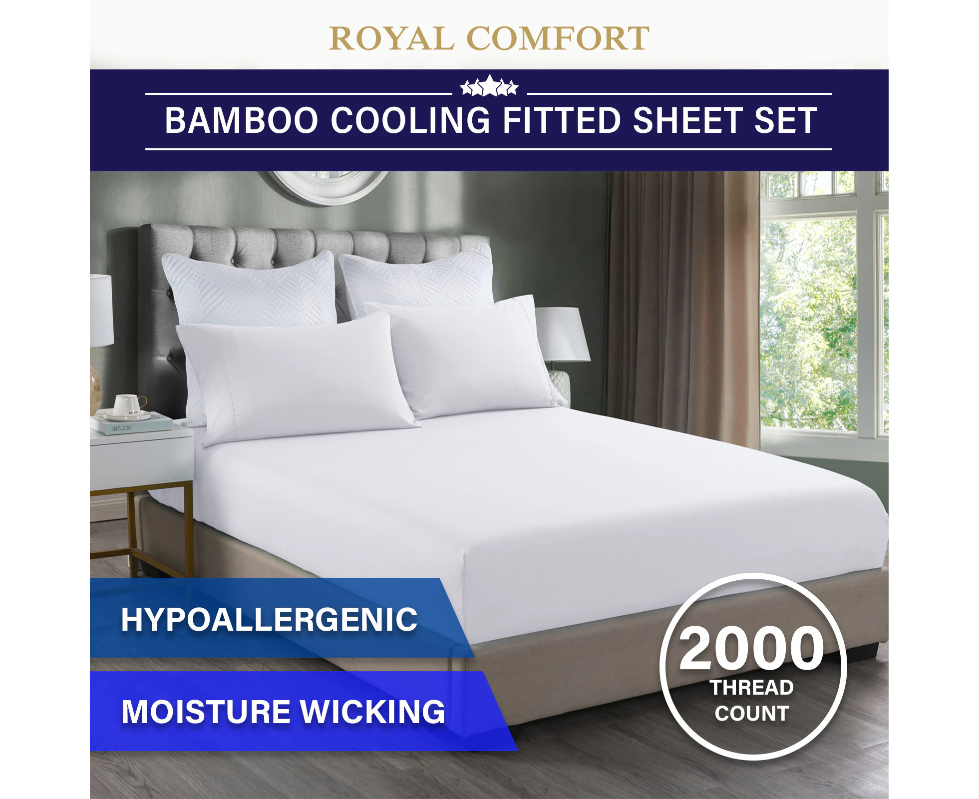 Royal Comfort 2000TC Bamboo Cooling King Bed Fitted Sheet Set - White