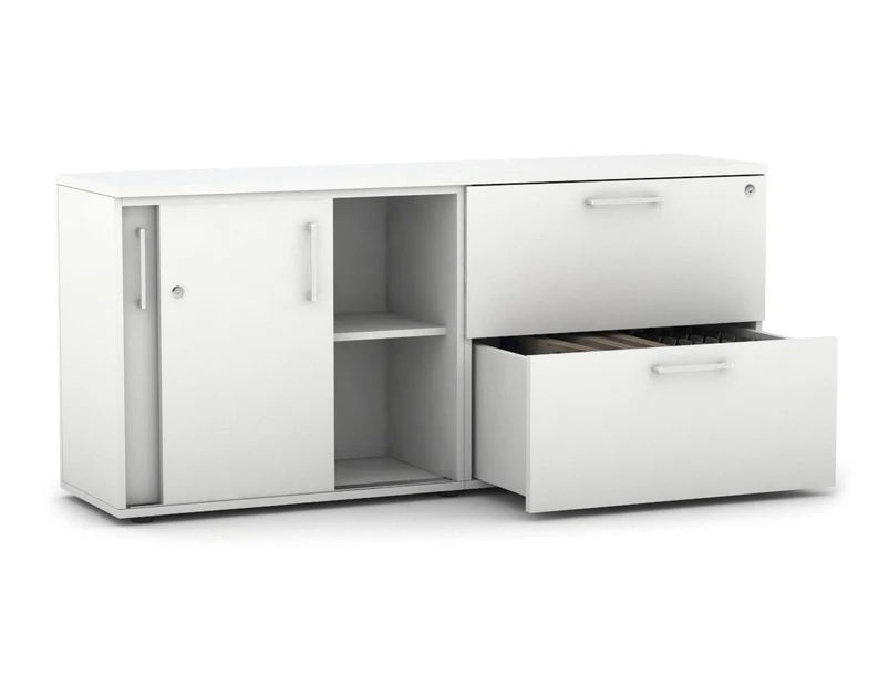 Sliding Door Credenza With 2 Drawer Filing Cabinet [White handle] - White