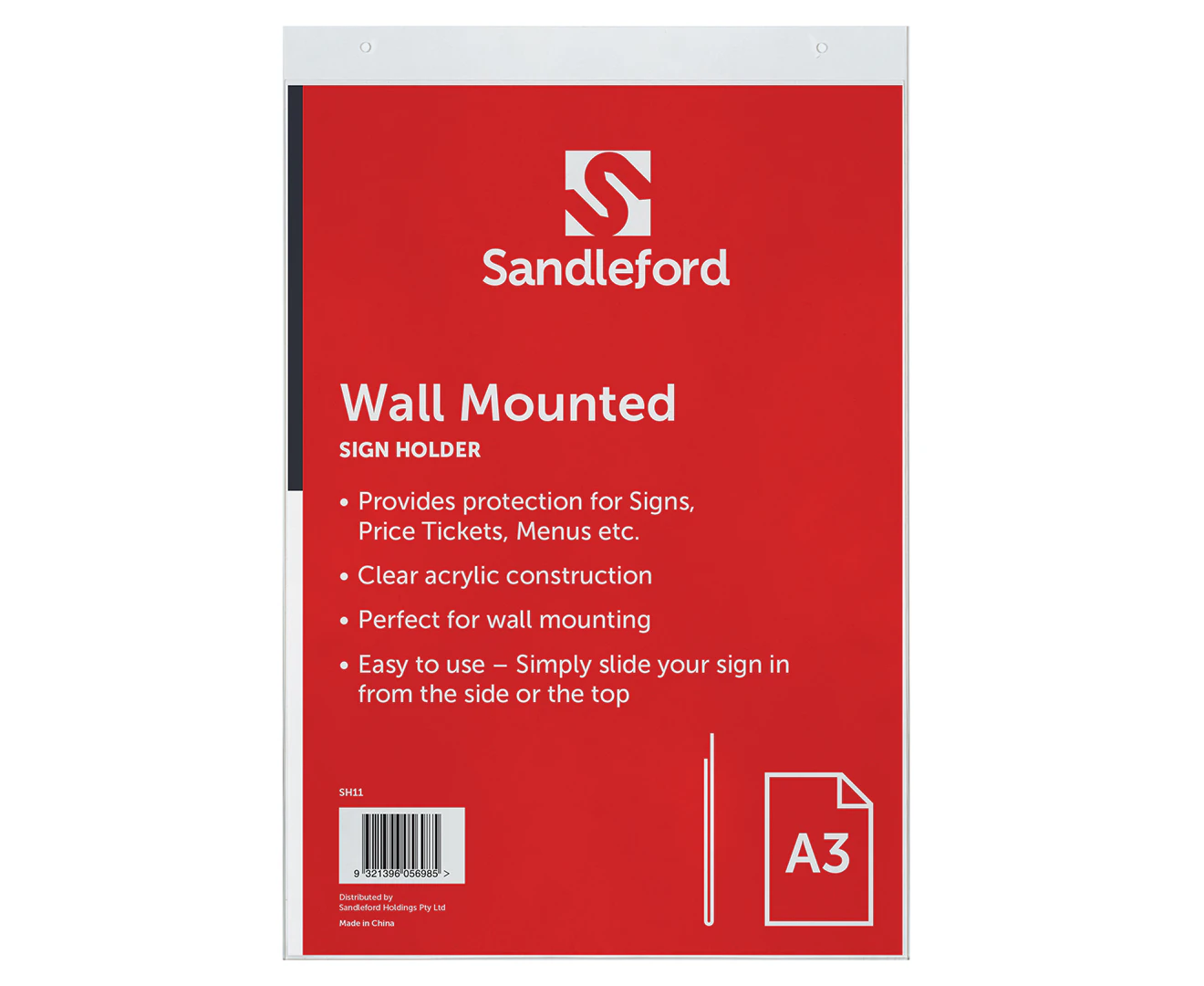 Sandleford 44.5cm Wall Mount A3 Sign/Menu Holder Portrait Acrylic Display Stand