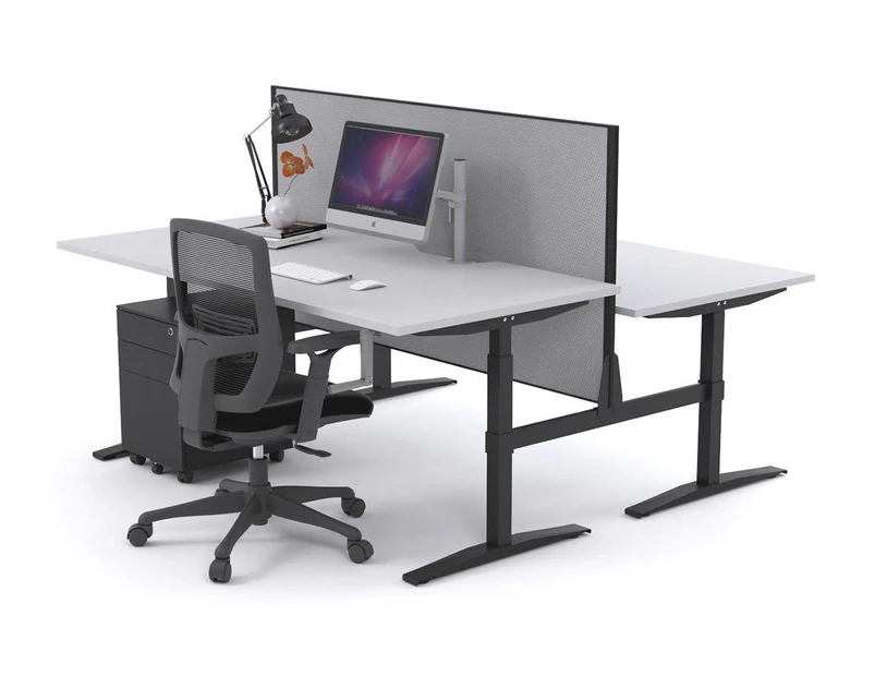 Stand Up - Manual Height Adj T Workstation Black Frame [1800L x 800W with Cable Scallop] - white, city fabric (900H x 1800W)