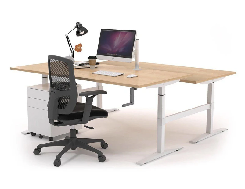Stand Up - Manual Height Adj T Workstation White Frame [1200L x 800W with Cable Scallop] - maple, none